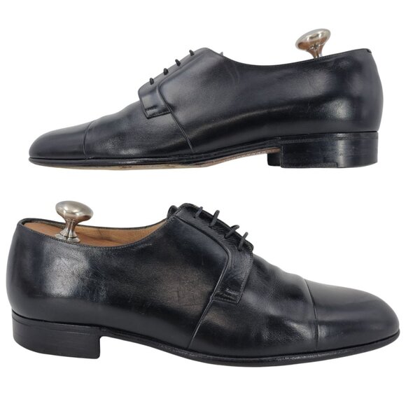 Vintage A. Testoni Men's 8 Italian Black Calf Leather Dress Shoe Cap-toe Oxfords - Picture 4 of 16